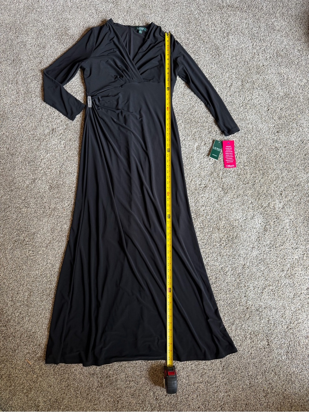 Lauren Ralph Lauren Black Long-Sleeve Maxi Evening Gown Dress Sz 14 NEW Crystal - Picture 7 of 11
